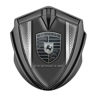 Porsche Bodyside Domed Emblem Graphite Grey Steel Mesh Monochrome Logo