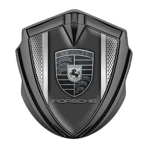 Porsche Bodyside Domed Emblem Graphite Grey Steel Mesh Monochrome Logo