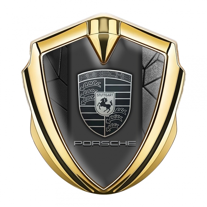 Porsche Trunk Metal Emblem Badge Gold Grey Mosaic Motif Greyscale Logo