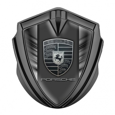 Porsche 3D Car Metal Domed Emblem Graphite Symmetric Stripes Grey Logo