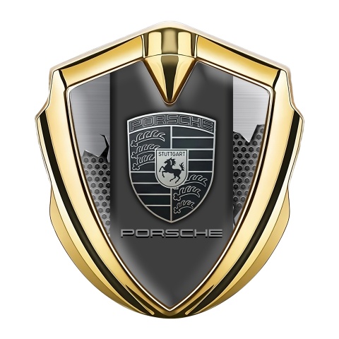 Porsche Tuning Emblem Self Adhesive Gold Light Hex Cracked Steel Edition