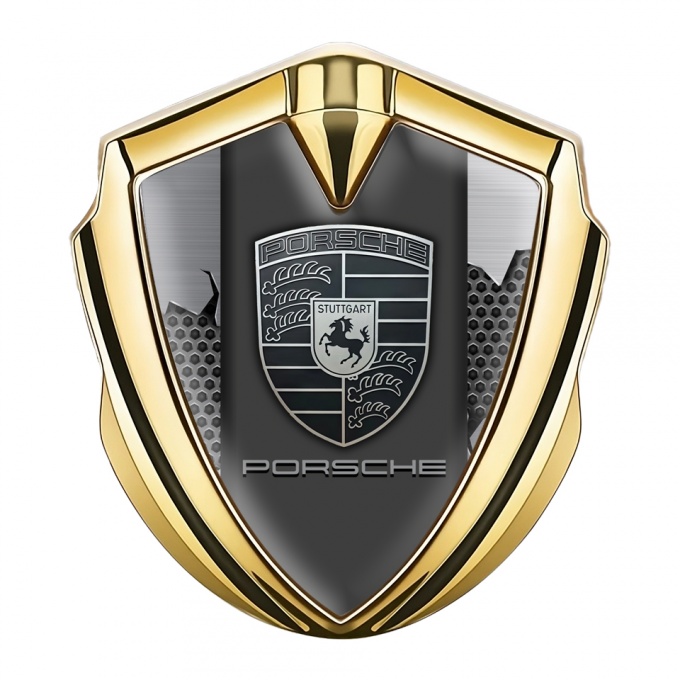 Porsche Tuning Emblem Self Adhesive Gold Light Hex Cracked Steel Edition