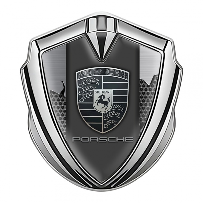 Porsche Tuning Emblem Self Adhesive Silver Light Hex Cracked Steel Edition