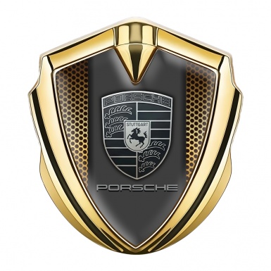 Porsche Fender Metal Domed Emblem Gold Sandy Mesh Monochrome Motif