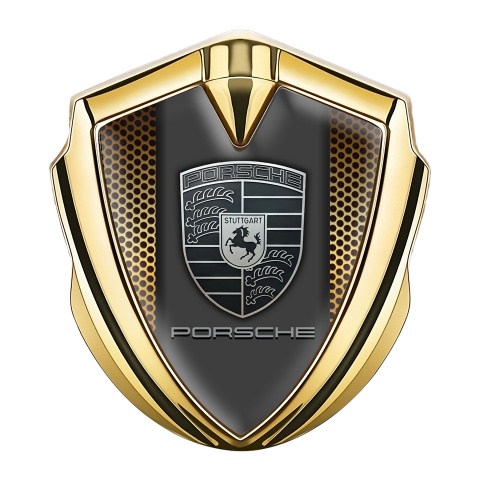 Porsche Fender Metal Domed Emblem Gold Sandy Mesh Monochrome Motif