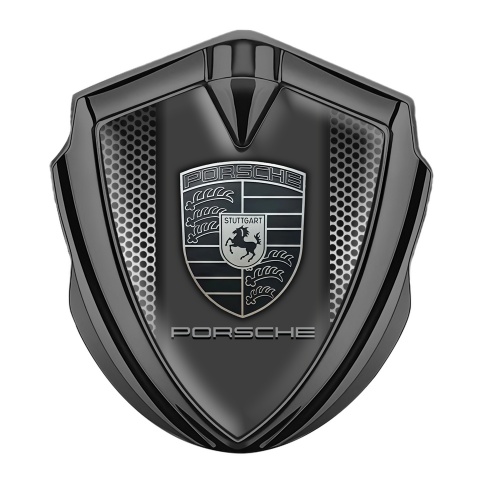 Porsche Metal Emblem Self Adhesive Graphite Steel Grate Monochrome Logo