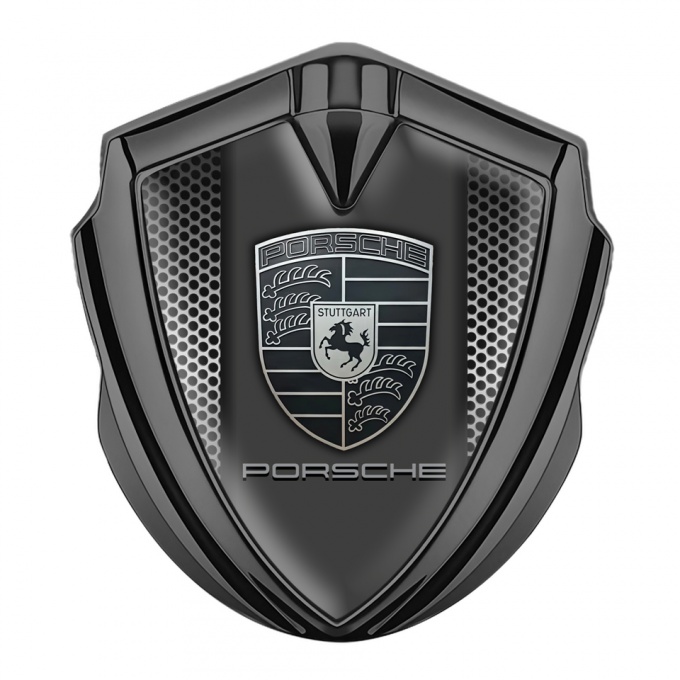 Porsche Metal Emblem Self Adhesive Graphite Steel Grate Monochrome Logo