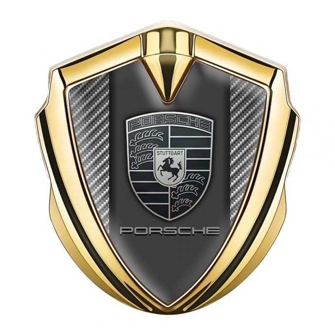 Porsche 3D Car Metal Domed Emblem Gold Light Carbon Base Grey Motif