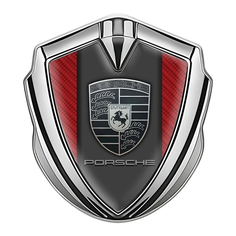 Porsche Trunk Metal Emblem Badge Silver Red Carbon Frame Monochrome Logo