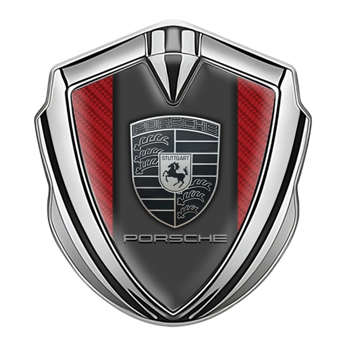 Porsche Trunk Metal Emblem Badge Silver Red Carbon Frame Monochrome Logo