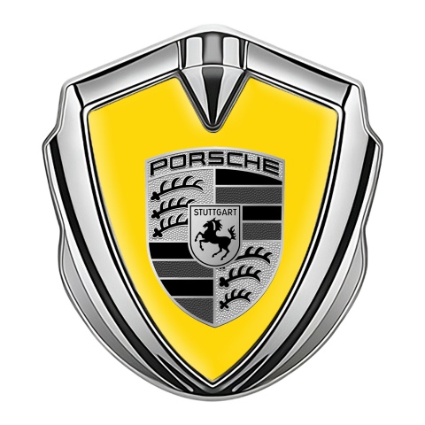 Porsche Tuning Emblem Self Adhesive Silver Yellow Base Big Greyscale Logo