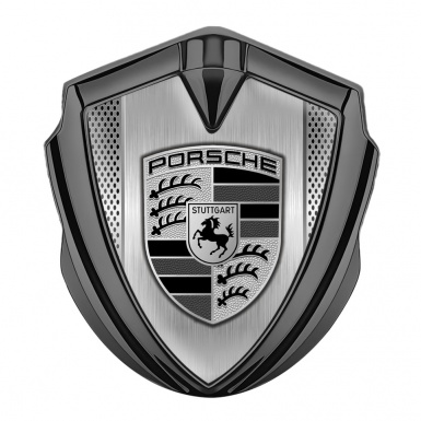 Porsche Bodyside Domed Emblem Graphite Brushed Steel Monochrome Motif