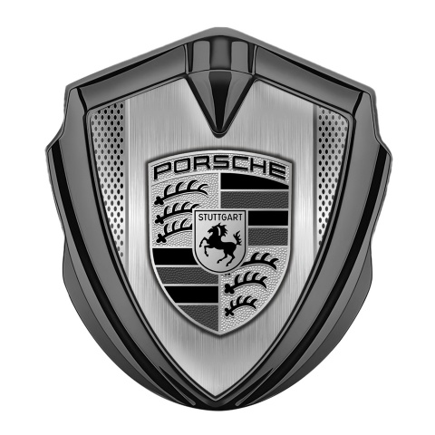 Porsche Bodyside Domed Emblem Graphite Brushed Steel Monochrome Motif
