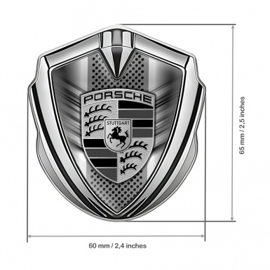 Porsche 3D Car Metal Domed Emblem Silver Steel Grille Greyscale Motif