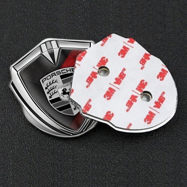 Porsche Bodyside Domed Emblem Silver Scraped Red Base Grey Strokes
