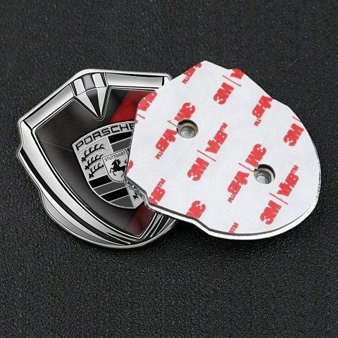 Porsche Bodyside Domed Emblem Silver Scraped Red Base Grey Strokes