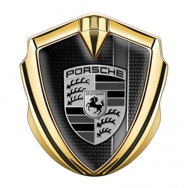 Porsche 3D Car Metal Domed Emblem Gold Black Carbon Grey Stripe Motif