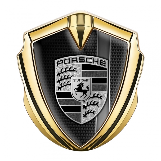 Porsche 3D Car Metal Domed Emblem Gold Black Carbon Grey Stripe Motif