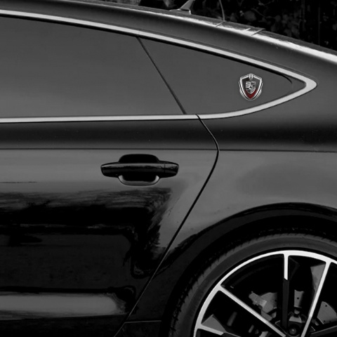 Porsche Tuning Emblem Self Adhesive Silver Grey Strokes Red Fragments