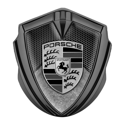Porsche Fender Emblem Badge Graphite Honeycomb Structure Scratched Motif