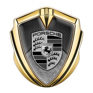 Porsche Fender Emblem Badge Gold Honeycomb Structure Scratched Motif