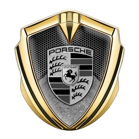 Porsche Fender Emblem Badge Gold Honeycomb Structure Scratched Motif
