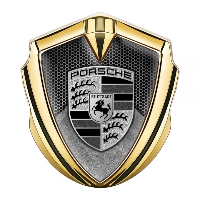 Porsche Fender Emblem Badge Gold Honeycomb Structure Scratched Motif