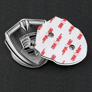 Porsche Fender Emblem Badge Silver Honeycomb Structure Scratched Motif