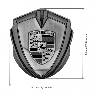 Porsche Fender Metal Domed Emblem Graphite Brushed Alloy Asphalt Motif