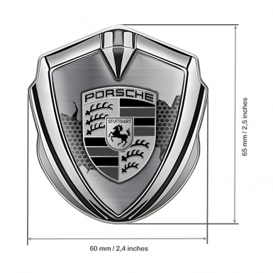 Porsche Trunk Emblem Badge Silver Steel Hex Metal Tear Monochrome Logo