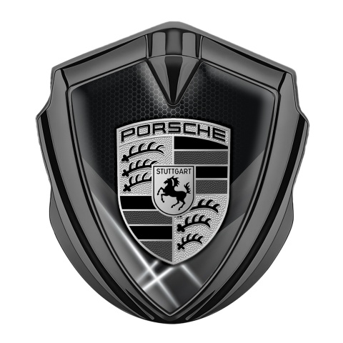 Porsche Metal Emblem Self Adhesive Graphite Grey Hex Glowing White Pillars
