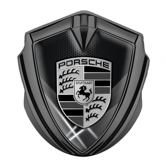 Porsche Metal Emblem Self Adhesive Graphite Grey Hex Glowing White Pillars