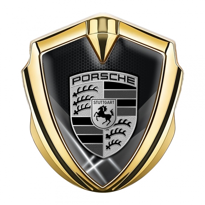 Porsche Metal Emblem Self Adhesive Gold Grey Hex Glowing White Pillars