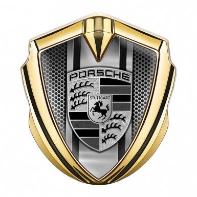 Porsche Bodyside Domed Emblem Gold Grey Mesh Steel Monochrome Pilon