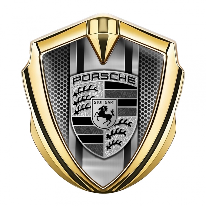 Porsche Bodyside Domed Emblem Gold Grey Mesh Steel Monochrome Pilon