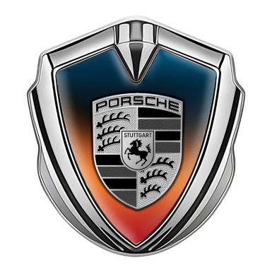 Porsche Fender Emblem Badge Silver Multicolor Background Grey Logo
