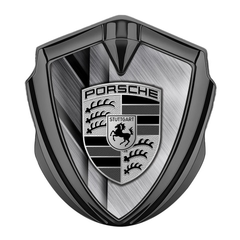Porsche Fender Metal Domed Emblem Graphite Layered Steel Base Grey Motif