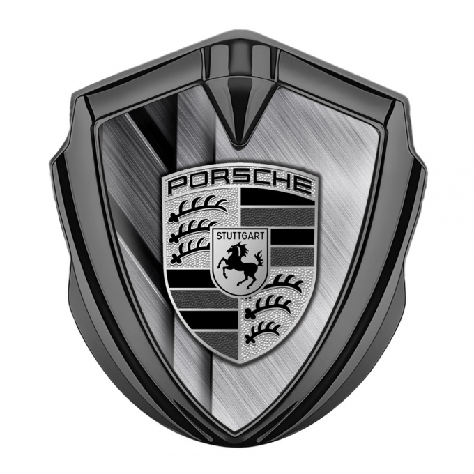 Porsche Fender Metal Domed Emblem Graphite Layered Steel Base Grey Motif