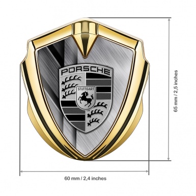 Porsche Fender Metal Domed Emblem Gold Layered Steel Base Grey Motif