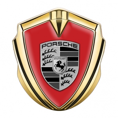 Porsche 3D Car Metal Domed Emblem Gold Red Basis Greyscale Motif