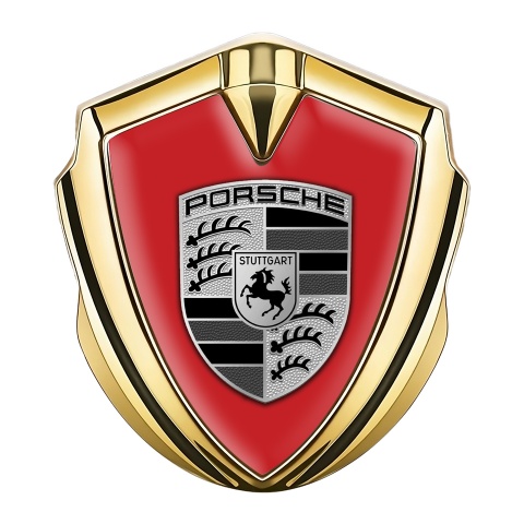 Porsche 3D Car Metal Domed Emblem Gold Red Basis Greyscale Motif