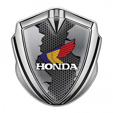 Honda Emblem Trunk Badge Silver Hexagon Torn Metal Design