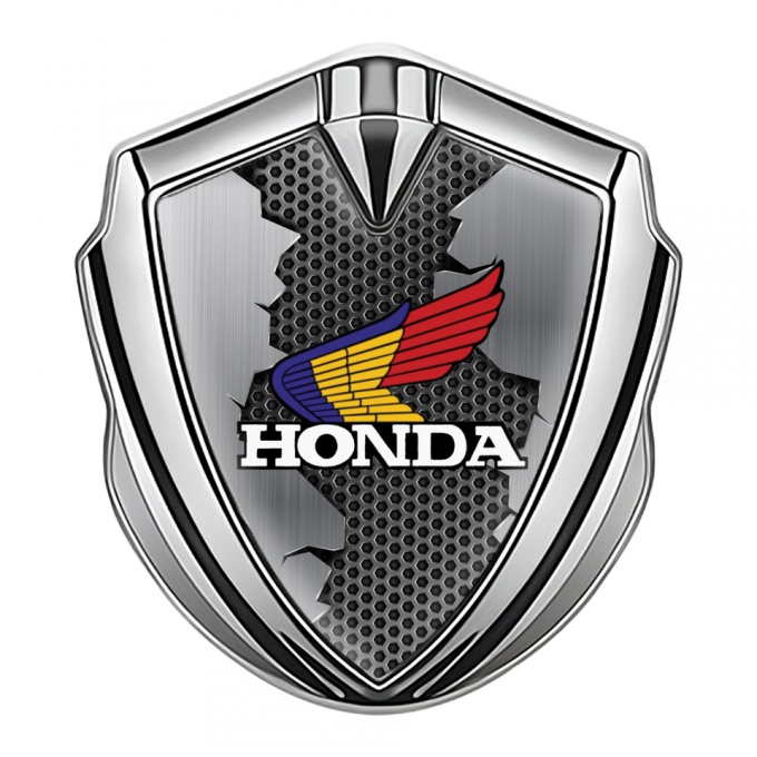 Honda Emblem Trunk Badge Silver Hexagon Torn Metal Design