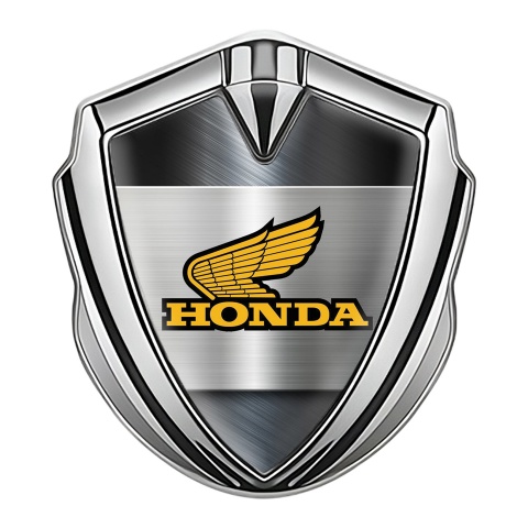 Honda Fender Emblem Metal Silver Bluish Brushed Steel Yellow Logo
