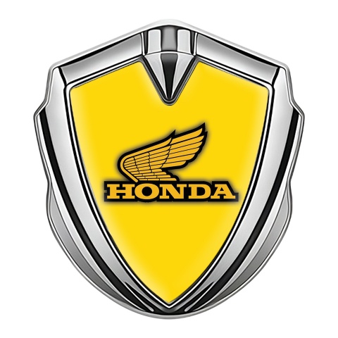 Honda Trunk Emblem Badge Silver Yellow Background Winged Edition