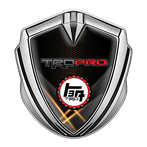 Toyota TRD Trunk Emblem Badge Silver Orange Mesh Light Beams Motif