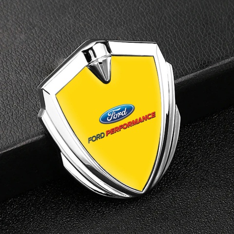 Ford Metal 3D Domed Emblem Silver Yellow Background Performance Logo