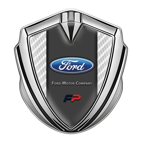 Ford Emblem Trunk Badge Silver White Carbon Texture Elliptic Logo
