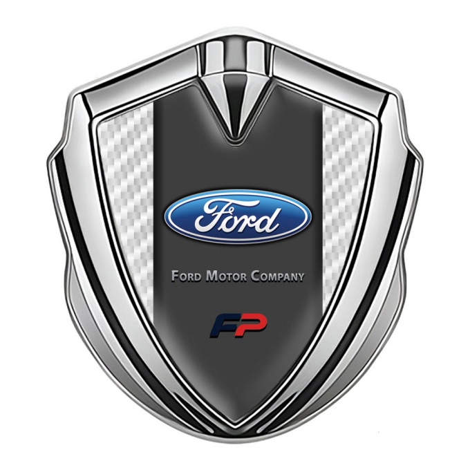 Ford Emblem Trunk Badge Silver White Carbon Texture Elliptic Logo