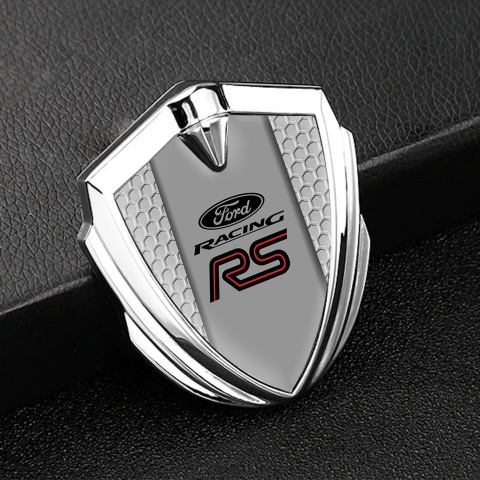 Ford RS Metal Emblem Self Adhesive Silver Grey Honeycomb Racing Logo
